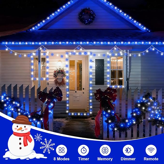 QITONG 2 Pack Battery Operated String Lights, Each 33ft 100 LED Blue and White Christmas Lights Outdoor Waterproof, 8 Modes Clear Wire Twinkle Fairy Lights Indoor with Remote