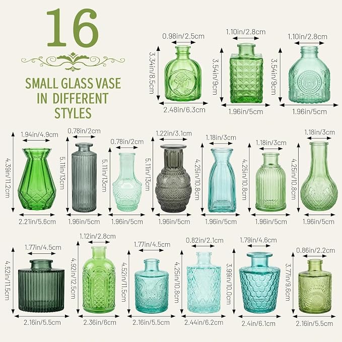 32 PCS Assorted Vintage Bud Vases, Colorful Glass Small Vases Bulk, for Centerpieces, Wedding Table Decor, Home Decorations & Gifts (Green Series)