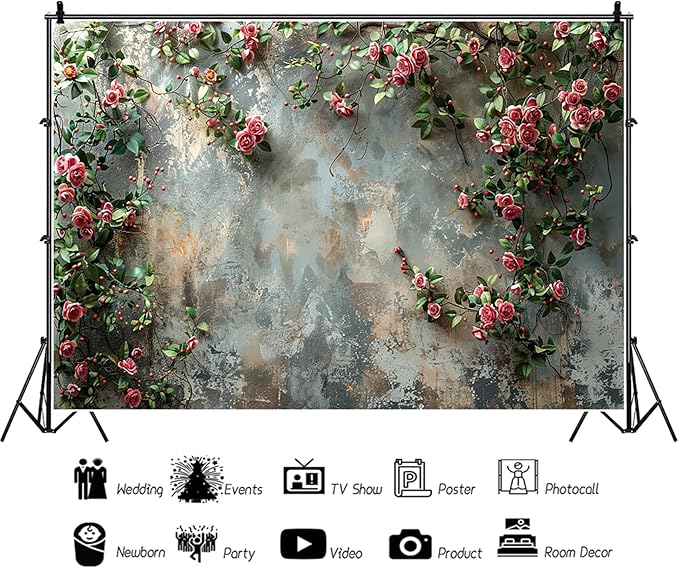 Baocicco 10x8ft Vinyl Old Floral Wall Photography Background Retro Texture Wall Grain Pink Rose Fairytale Birthday Backdrops Medieval Wedding Events Party Decorations Newborn Baby Shower Studio