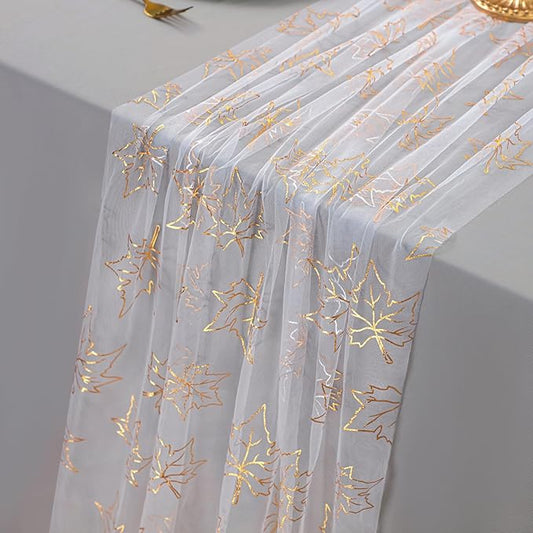Snowkingdom 10ft Fall Table Runner, Gold Maple Leaves Thanksgiving Table Decorations, White Gauze Chiffon Sheer Cheesecloth Runner for Autumn Harvest Glitter Sparkle Dining Party Decor 120 Inches