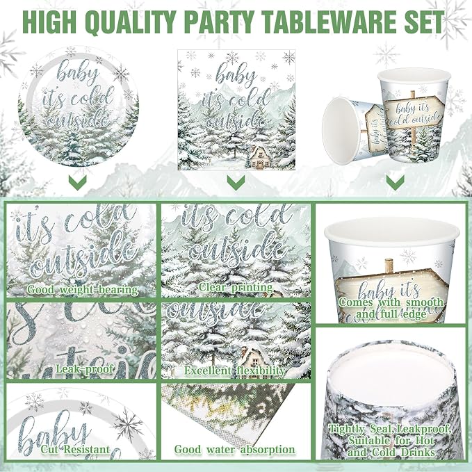 Hushee 200 Pcs Cold Outside Baby Shower Paper Plates Cups Napkins Party Supplies Tableware Set Disposable Cup Napkin for 50 Guest Party Decoration