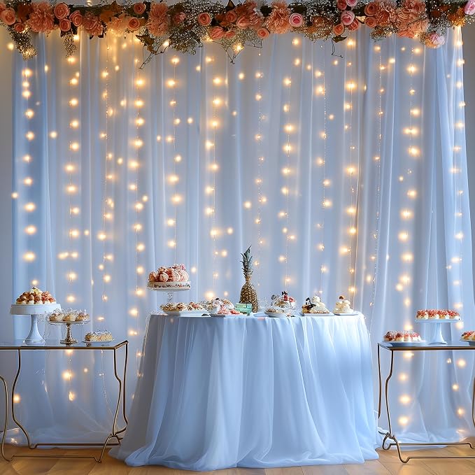 10ft x 8ft Blue Backdrop Curtain with Lights String for Parties, Sheer Tulle Wedding Photo Backdrops Drapes for Baby Shower Birthday Party Decorations Background for Photography