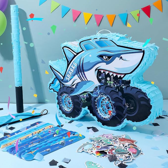 Shark Truck Pinata - Monster Truck Pinata with Blindfold and Bat for Birthday Parties, Monster Truck Pinata for Themed Decorations 16x12x3 Inches
