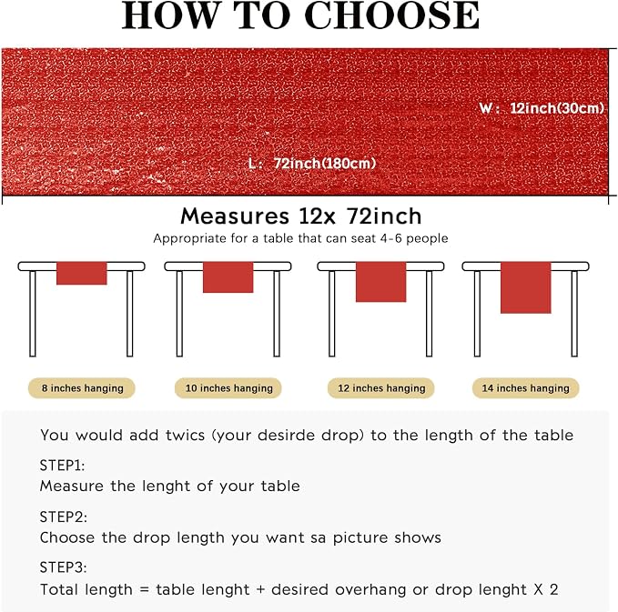 6 Packs 12 x 72 inches Sequin Table Runner, Red Glitter Table Runner for Birthday Party Supplies Wedding Engagement Baby Shower Holiday Celebration Event Decorations