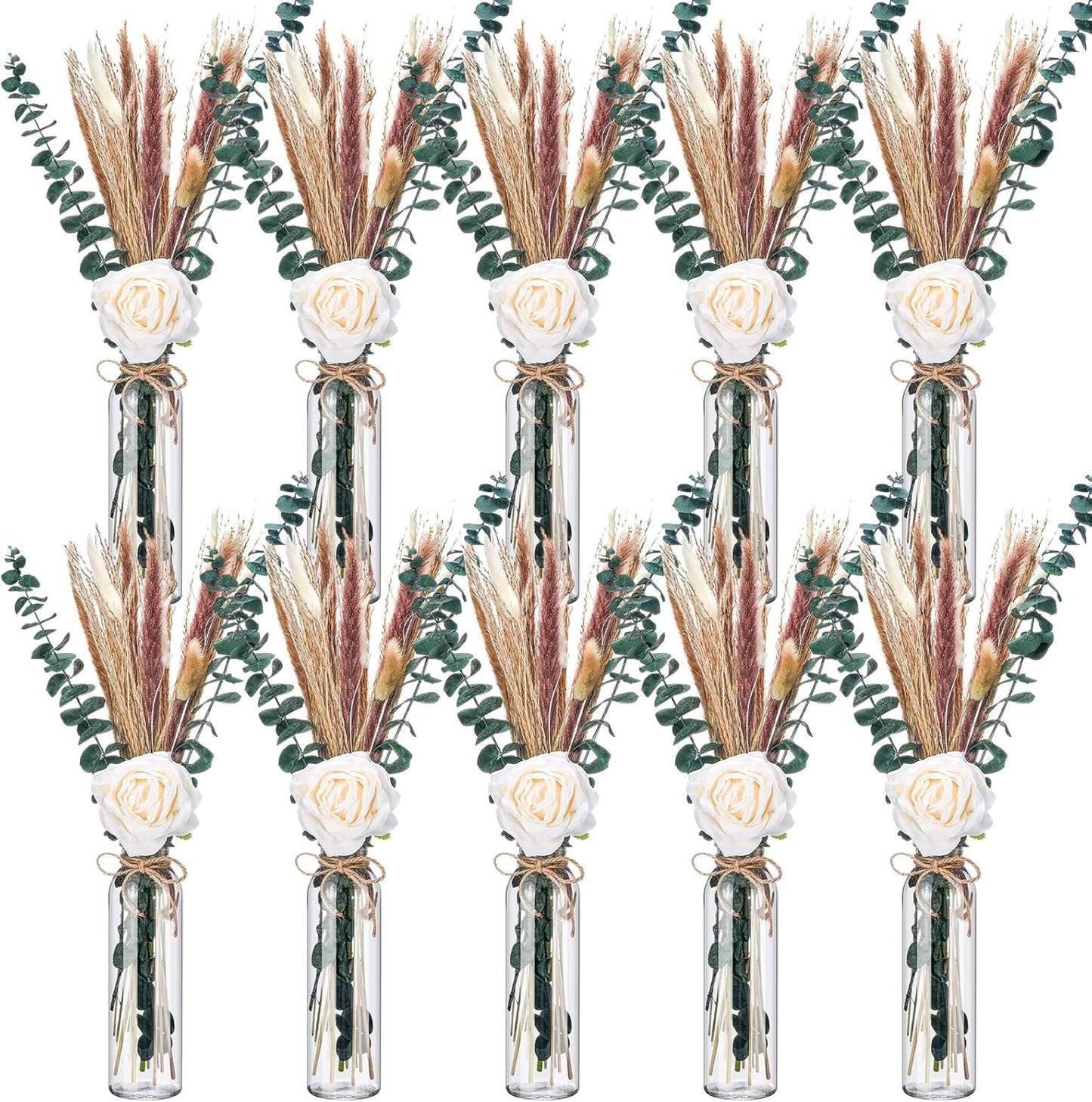 10 Set Dried Pampas Grass Centerpiece for Wedding 10 Clear Glass Jars 10 Artificial Roses 80 Dried Pampas Grass with Rope for Baby Shower Rustic Bridal Party Farmhouse Decoration (White)