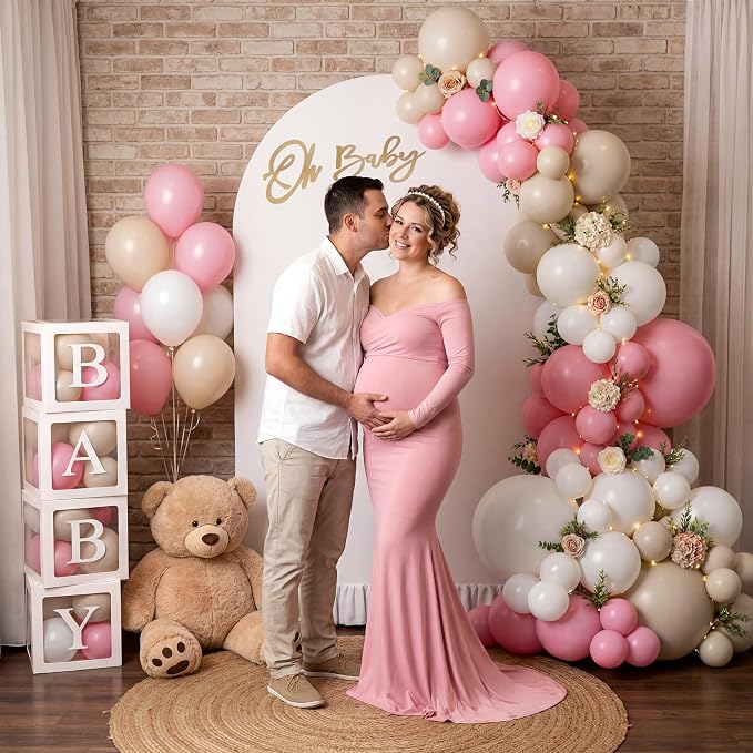 6.6FT Metal Arch Backdrop Stand and Cover Set, Pink Balloon Arch Kit, 153 Pcs Balloons, 4 Baby Shower Box, Letter Stickers, Clips for Baby Shower, Gender Reveal, Birthday, Wedding Decor
