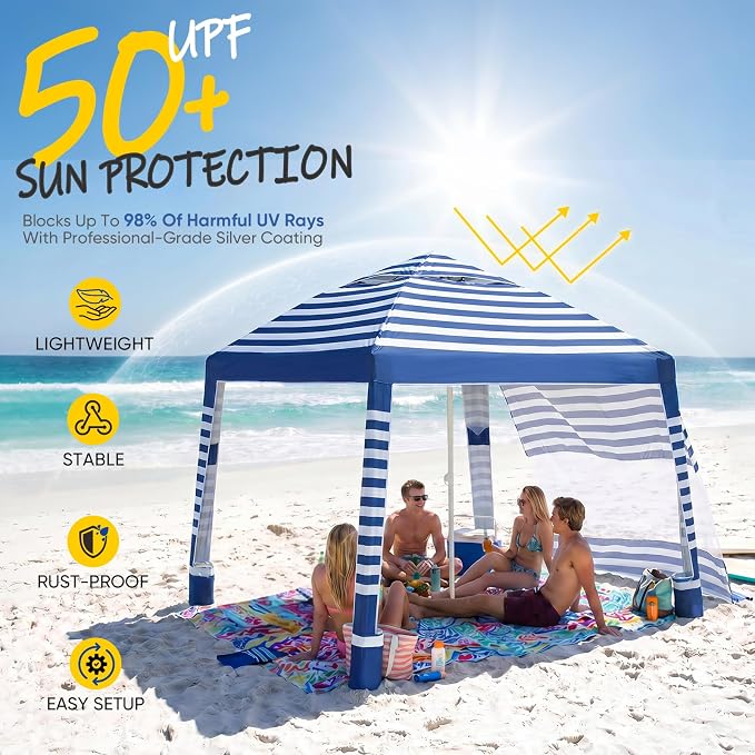 Sekey Beach Cabana - 8x8 FT Easy Setup Beach Shade Canopy UPF 50+ Sun Shelter with Sandbag & Side Wall, Large Portable Outdoor Tent for Family, Navy Stripe