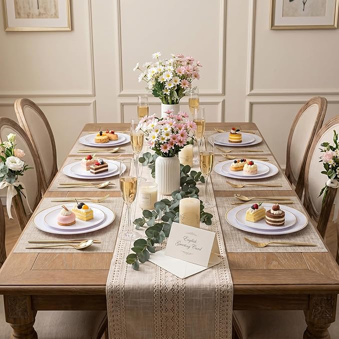 I00000 150PCS White and Gold Plastic Plates with Disposable Silverware for 30 Guests,Nice Disposable Plates,White Plastic Plates Set Include 30 Dinner Plate,30 Dessert Plate,90 Gold Cutlery for Party