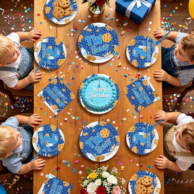 96 Pcs Milk and Cookies 2nd Birthday Party Supplies Dark Blue Cookies Plates and Napkins Two Sweet Cookie Tableware Set for Boys Girls Sweet Cookie 2nd Birthday Party Supplies, Serves 24