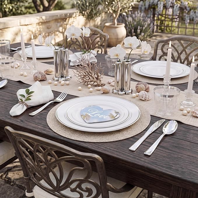 WDF 120PCS Plastic Plates White Silver Rim - Disposable Plates including 60PCS for Dinner 10.25inch, 60 Salad/Dessert Plates 7.5inch Heavy Duty Wedding Party Birthday