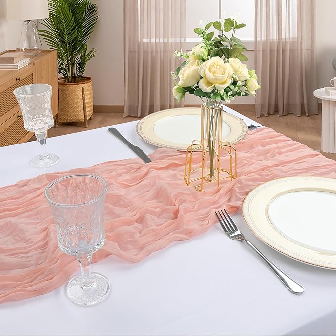 12 Pack 10FT Blush Pink Cheesecloth Table Runner 120 Inch Long Gauze Rustic Boho Spring Cheese Cloth Table Runner Sheer Fabric Decorations for Holiday Party Wedding Banquet Bridal Baby Shower Décor