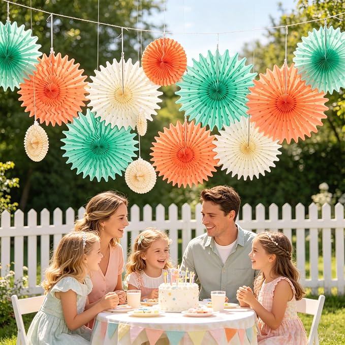 SUNBEAUTY Pack of 11 Hanging Honeycomb Paper Fans Party Decoration Paper Decoration for Birthday Wedding Graduation Events Accessories Mint Peach Cream