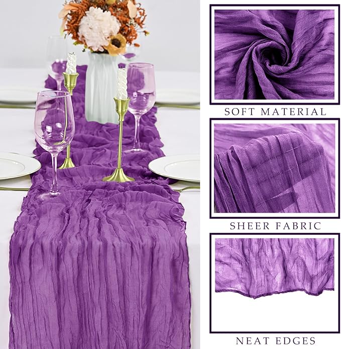 Purple 6 Pcs Cheesecloth Table Runner 10FT Runner for Tables Gauze Fabric 35 x 120 Inches Long Boho Table Runner Decoration Rustic Sheer Runner for Wedding Birthday Baby Shower Party (Purple)