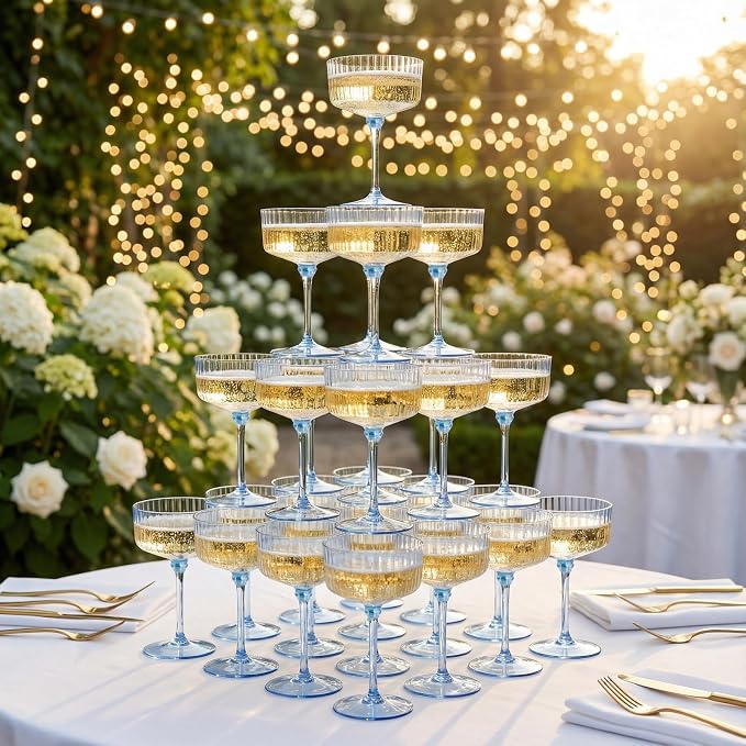 LIYH 20pcs Plastic Martini Glasses 10 Oz Blue Disposable Cocktail Coupe Champagne Tower Cups Perfect for Bar Cocktails Martinis Parties