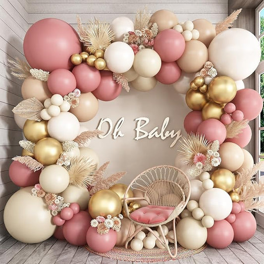 Double Stuffed Dusty Pink Cream Balloon Arch Kit, Boho Neutral Balloon Garland Dusty Rose Mauve Blush White Sand Blush Brown Metallic Gold Balloons for Bridal Shower Wedding Birthday Party Decoration