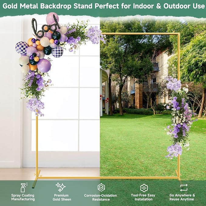 Wedding Arch Backdrop Stand Square 6.6x6.6FT Gold Balloon Arch Stand Garden Arbor Backdrop Frame for Wedding Party Birthday Baby Shower Photo Booth Background Decoration