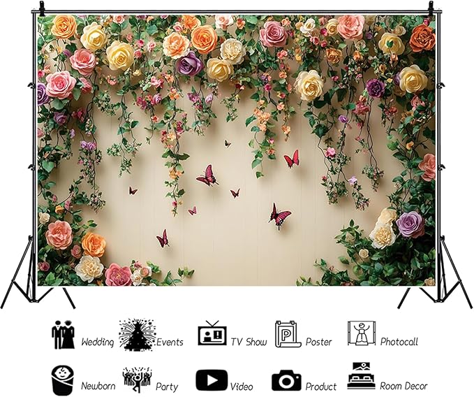Baocicco 10x8ft Flowers Wall Photography Background Butterfly Spring Floral Botanical Banner Backdrop Vintage Wedding Birthday Backdrop Decorations Girls Party Table Cake Decoration Photo Props