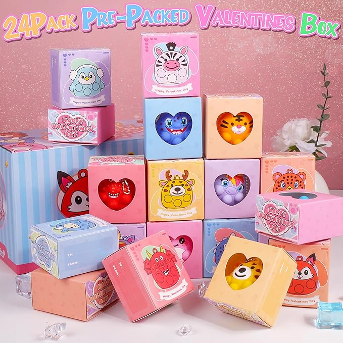 ChildFun Valentines Day Gifts for Kids, 24 PCS Prefiled Valentines Box with 3D Animal Pop Suction Toys, Valentines Party Favors for Class, School Classroom Valentines Gifts for Boys Girls Toddlers