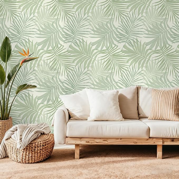 VEELIKE Green Tropical Wallpaper Peel and Stick Boho Palm Leaf Wallpaper for Bedroom Bathroom Walls 17.7''x354'' Self Adhesive Tropical Contact Paper Green Leaf Wall Paper Renter Friendly Removable