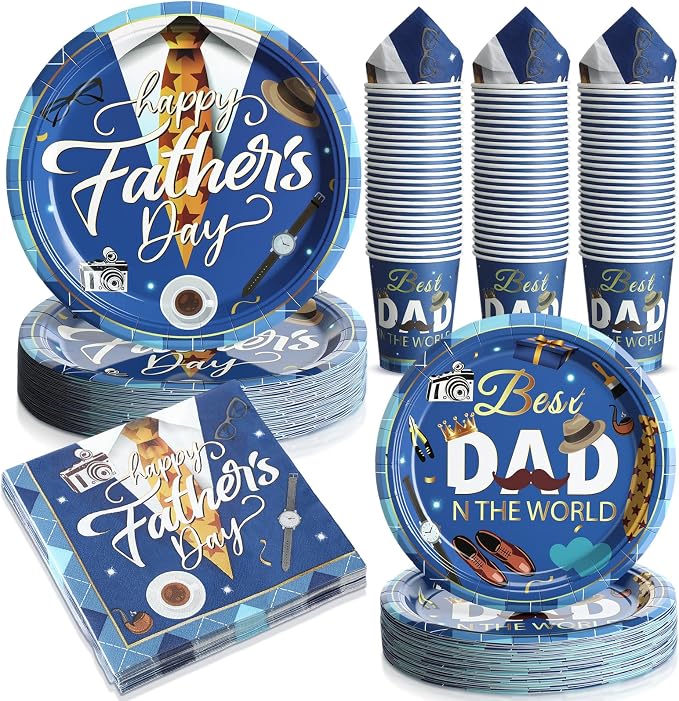 Jenaai 200 Pcs Father's Day Tableware Set Serve for 50 Guests 9" Dinner Plates 7" Dessert Plates Paper Cups and Napkins Set for Dinnerware Tableware Disposable Father's Day Party Supplies