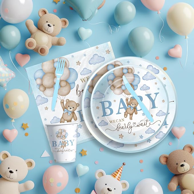 Bear Baby Shower Decorations Boy Tableware - Blue Bear We Can Bearly Wait Baby Shower Decorations Party Supplies, Paper Plate, Napkin, Cup, Cutlery, Tablecloth, 24 Guests