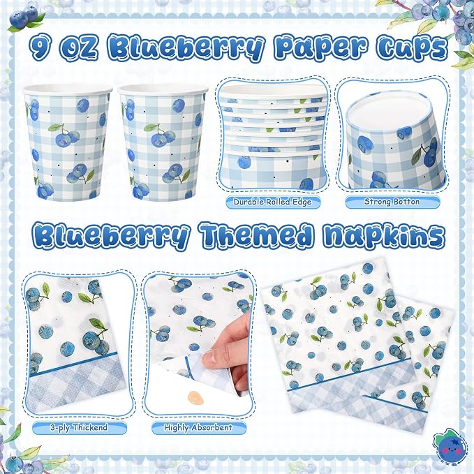 Honeydak 210 Pcs Blueberry Party Supplies for 30 Guests, Includes Plates, Cups, Napkins, Cutlery - Blueberry Checked Birthday Tableware Decorations for 1st Birthday, Summer Fruit Party