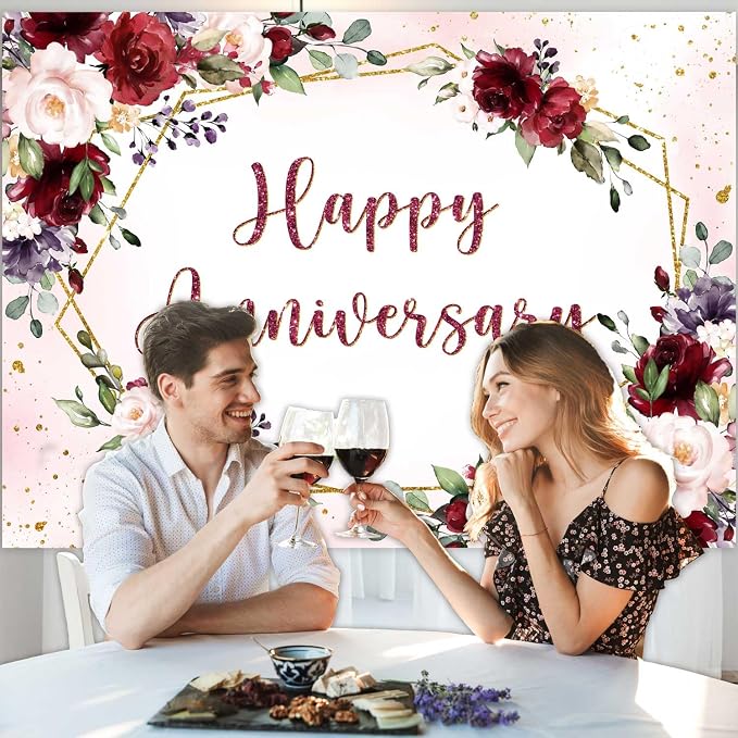 Sensfun Happy Anniversary Backdrop Banner Burgundy Pink Flower Wedding Anniversary Party Decorations Floral Couple Engagement Marriage Day Memorial Party Photography Background Photo Booth Props 8x6ft