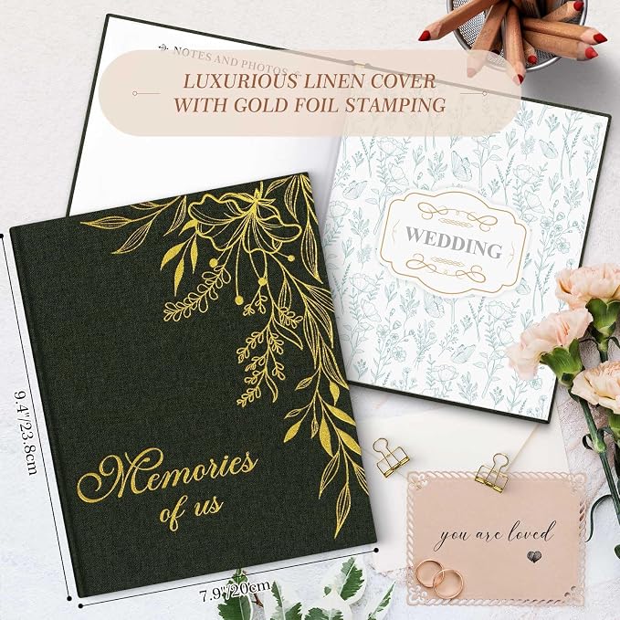 Lanpn Wedding Anniversary Journal Book Memories of Us, Linen Dating to 70th Wedding Scrapbook Notebook Memory Book, Newlywed Marriage Couple Anniversary Journal Bridal Shower Gifts (Green, 190 Pages)
