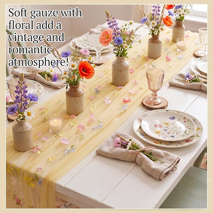 Lounsweer Yellow Wildflower Table Runner 10ft Embroidery Tulle Spring Floral Table Runner Seasonal Summer Butterfly Kitchen Dining Gauze Decoration for Wedding Baby Shower Birthday Party
