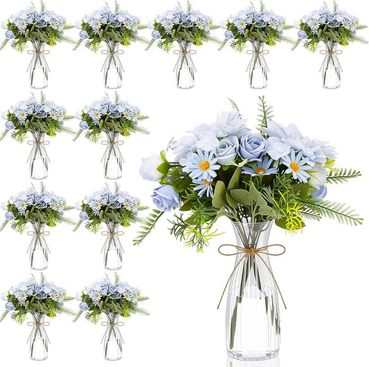 Reallnaive 30 Pack Artificial Flowers Table Centerpieces Decorations with Plastic Vase Wedding Mason Jar 20 Bundles Silk Floral Bouquet 10 Clear Vase with Rope for Party Decor(Dahlia,Blue)