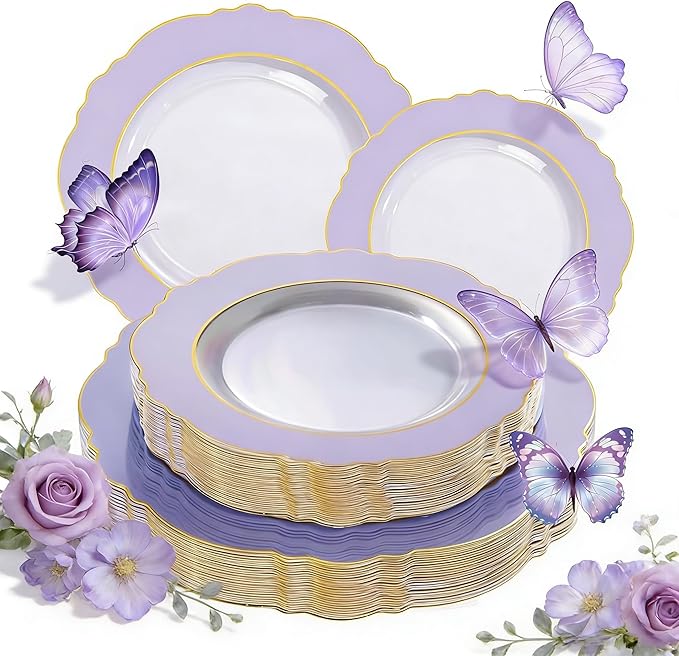 WDF 60pcs Clear Purple Plates Disposable with Gold Rim - Baroque Lavender Purple Plastic Plates for Party/Wedding/Spring Picnic/Mother's Day