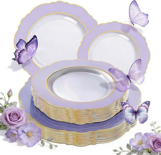 WDF 60pcs Clear Purple Plates Disposable with Gold Rim - Baroque Lavender Purple Plastic Plates for Party/Wedding/Spring Picnic/Mother's Day