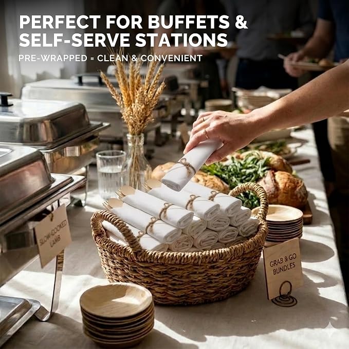 Prerolled Disposable Bamboo Cutlery Set – 150 Pack Pre Wrapped Silverware and Napkin Bundle with Forks, Knives, Spoons for Parties, Weddings, Events, and BBQ (Natural - Beige String)