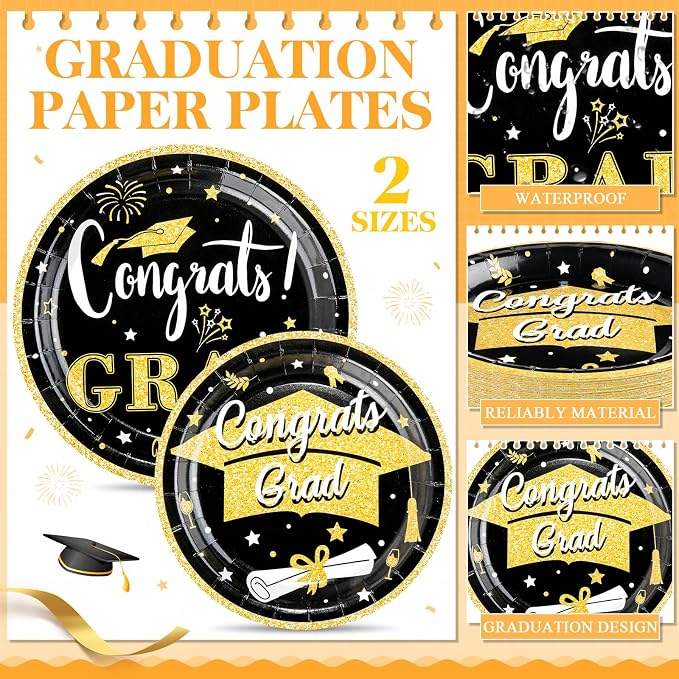 Domensi 400 Pcs 2026 Graduation Decorations Plates and Napkins and Cups Set Serve 50, Black and Gold Graduation Party Supplies, Class of 2026 Paper Tableware 9oz Cup Knife Fork Spoon Congrats Grad
