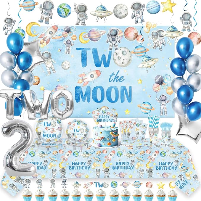 230pcs Two The Moon Birthday Party Decoration - Outer Space Two Party Plates Napkins Tablecloth Backdrop Cake Cupcake Toppers for Space Galaxy Rocket Astronaut Theme Kids Boy 2nd Birthday Party Favor