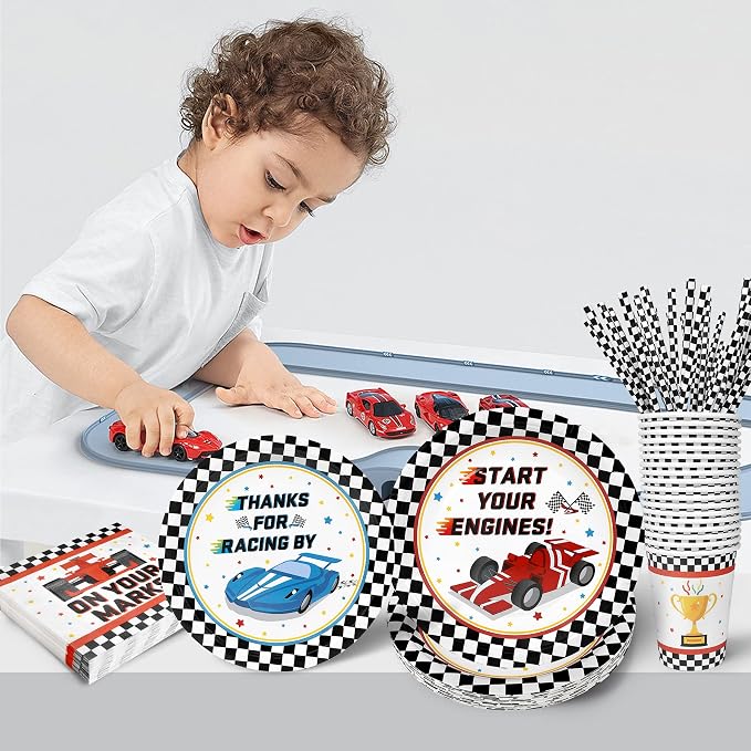 Recheel Racing Car Party Supplies Decorations, Checked Race Car Theme Birthday Paper Plates and Napkins Set with Cups and Straws for 24 Guests, 120 Pcs Disposable Party Dessert Dinnerwares