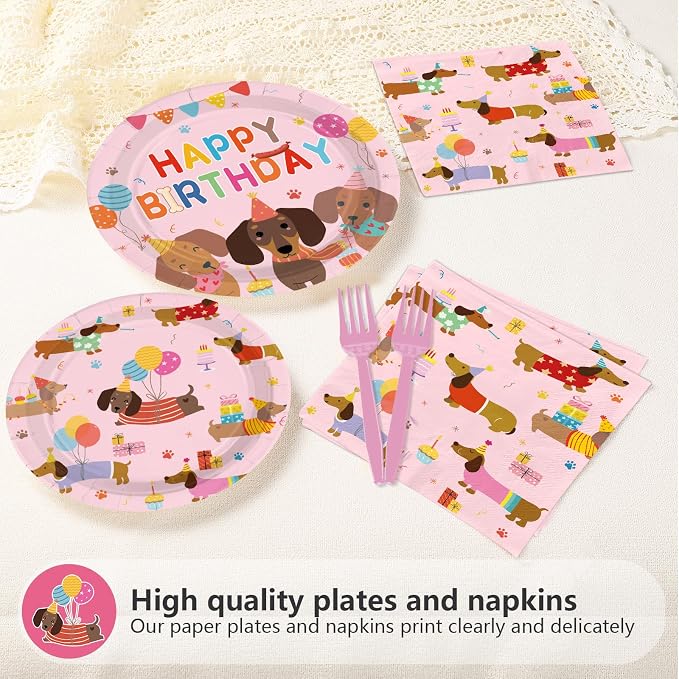 96Pcs Dachshund Dog Birthday Party Decorations, Serves 24 | Pink Wiener Dog Puppy Plates and Napkins Cartoon Puppy Pet Disposable Paper Tableware Set for Kids Birthday Party Supplies