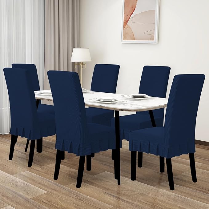 Easy-Going Dining Chair Covers Stretch Parsons Chair Slipcover with Skirt Chair Covers for Dining Room Restaurant Banquet (6 PCS, Navy)