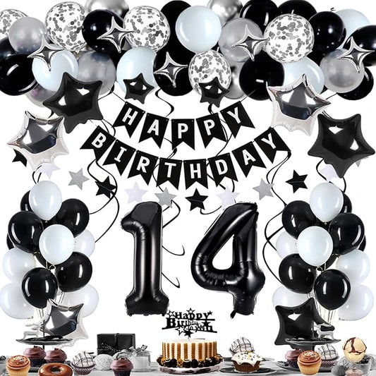 14th Birthday Decorations for Boy Girl, Black White and Silver Happy 14 Party Decor Set with 14 Number Foil Balloons, Banner, Cake Topper for Him Her