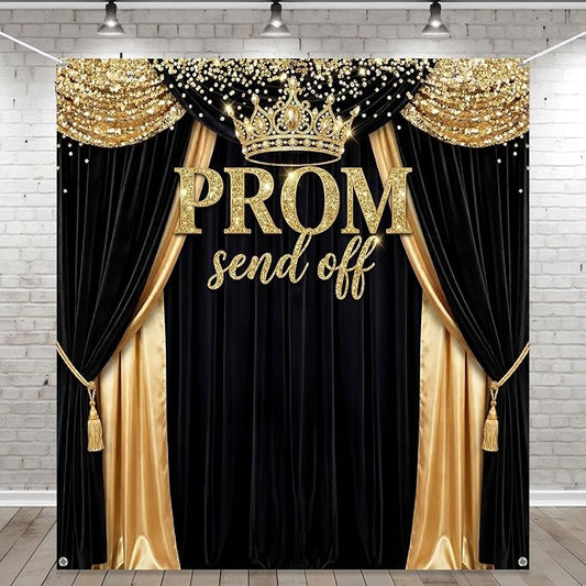 Tingjoo Prom Send Off 2026 Backdrop Black and Gold Graduation Decorations 71 x 78.7 Inch Gold Crown Class of 2026 Congrats Grad Photo Background Banner for Graduations Party Favors