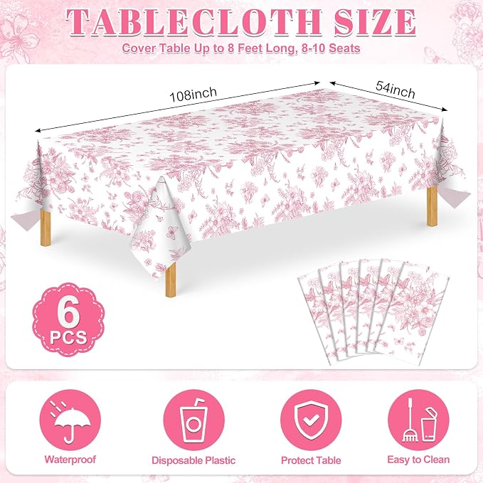 6 Pack Pink Floral Plastic Tablecloths, 54 x 108 Inch Tea Party Tablecloth | PE material, waterproof surface, fits rectangular 8-10 seat tables, for tea party, wedding, birthday, baby shower