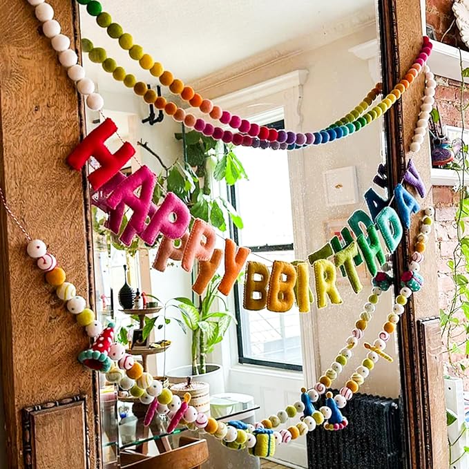 Pre-Strung Happy Birthday Banner, Colorful Felt Ball Garland, Felt Party Hats, Birthday Candles, Cute Gifts, Personalized Banner Sign for Holiday Decor Birthday Party Decoration