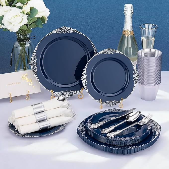 Bestluck 175PCS Navy Blue Plates for 25 Guests, Disposable Dinnerware Sets Include 50 Plastic Plates, 25 Silverwares, 25 Cups, and 25 Pre Rolled Napkins for Party, Wedding and Graduation