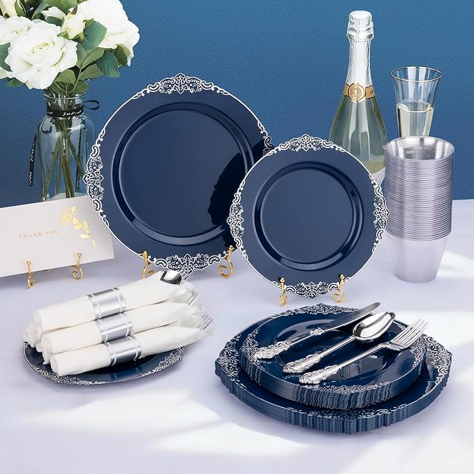 Bestluck 175PCS Navy Blue Plates for 25 Guests, Disposable Dinnerware Sets Include 50 Plastic Plates, 25 Silverwares, 25 Cups, and 25 Pre Rolled Napkins for Party, Wedding and Graduation
