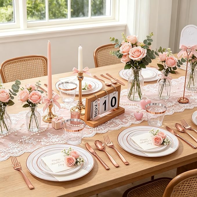 GATHER 350PCS Rose Gold Plastic Plates - Disposable Rose Gold Dinnerware Sets Includes 100 Gold Rimmed Plastic Plates, 150 Silverware, 50 Napkins, 50 Cups for Party, Wedding, Mother's Day
