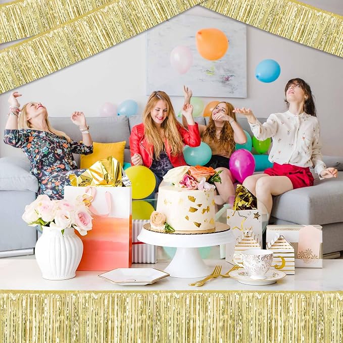 4 Pack 10 Ft Light Gold Foil Fringe Garland Metallic Streamers Tinsel Banner Wall Hanging Garland Backdrop for Parade Floats, Halloween, Christmas, Thanksgiving, New Year Party Decorations