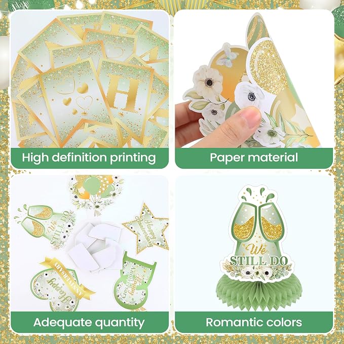 First Wedding Anniversary Decorations, Sage Green Happy Anniversary Banner Anniversary Honeycomb Centerpieces Wedding Party Backdrop for Marriage Celebrations Surprise Events Party Supplies