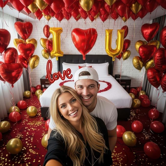 I Love You Balloons for Him/Her Balloons Red gold romantic balloon kit with Red heart LOVE mylar balloons Red rose petals for hotel Decorations Valentines Party wedding anniversary supplies