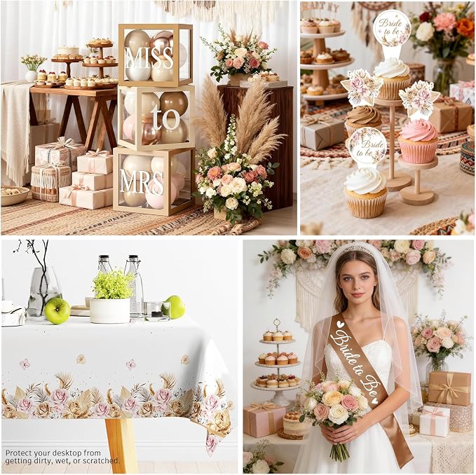 cocomigo 301pcs Boho Bridal Shower Decorations Complete Party Set, Serves 25 Guests, Boho Wedding Engagement Theme Bridal Shower Decorations, includes Balloon Arch Box Tableware Veil Shoulder Straps