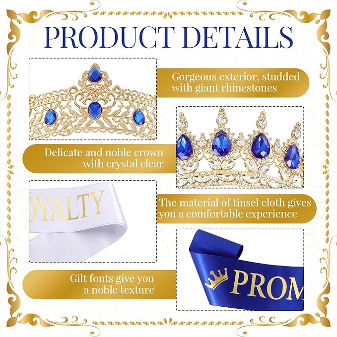 Saintrygo 12 Pcs Prom Crown and Sash Set, Prom King and Queen Tiara Rhinestone Crown Glitter Court Royal Satin Sash for 2026 Graduation Ball Dance Night Party Birthday Accessory(Blue,Elegant)